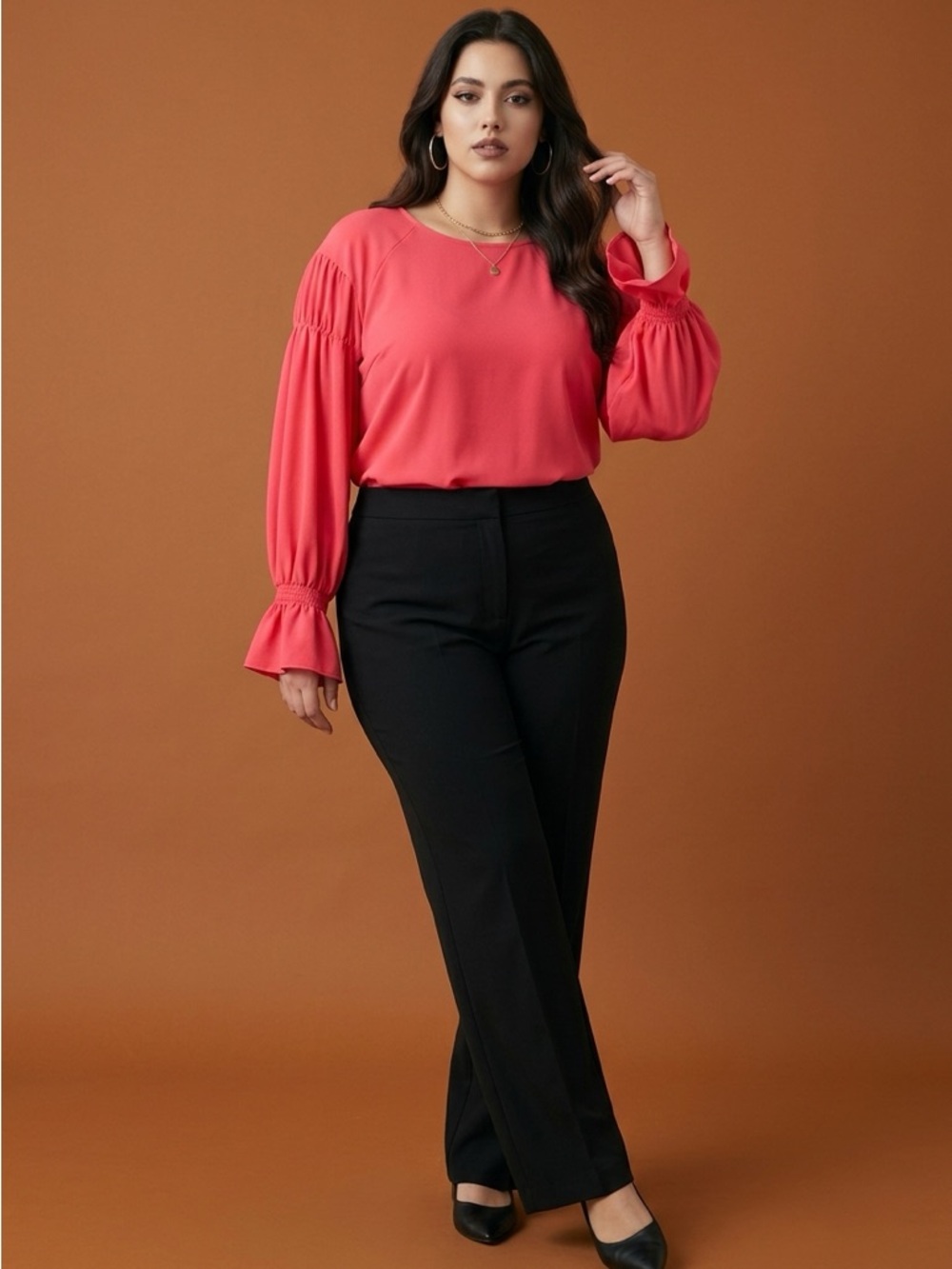 Ann Taylor Coral Long-Sleeve Blouse